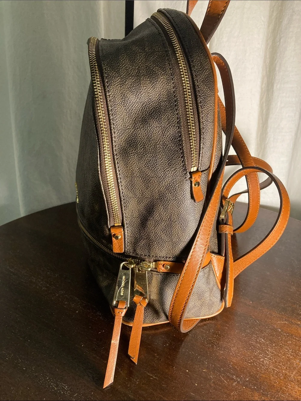 Michael Kors Brown Rhea MK Logo Backpack with Gold Hardware